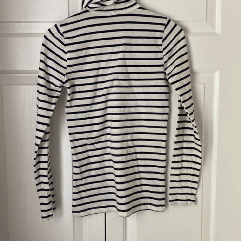 J.Crew Tissue Turtleneck Top Women XXS White Navy Blue Stripe Long Sleeve Cotton